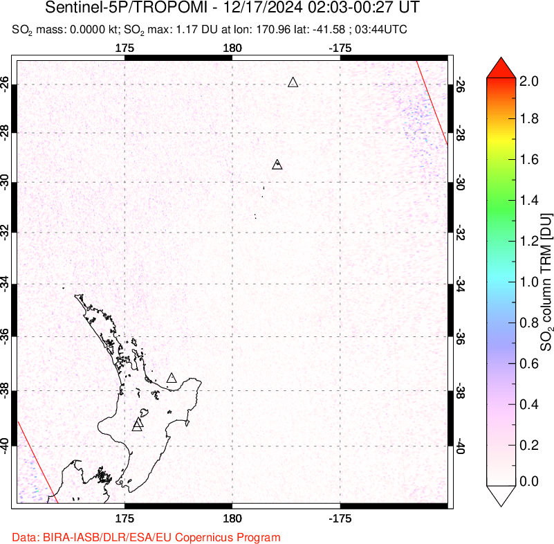 A sulfur dioxide image over New Zealand on Dec 17, 2024.