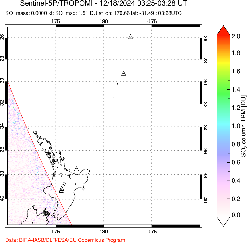 A sulfur dioxide image over New Zealand on Dec 18, 2024.