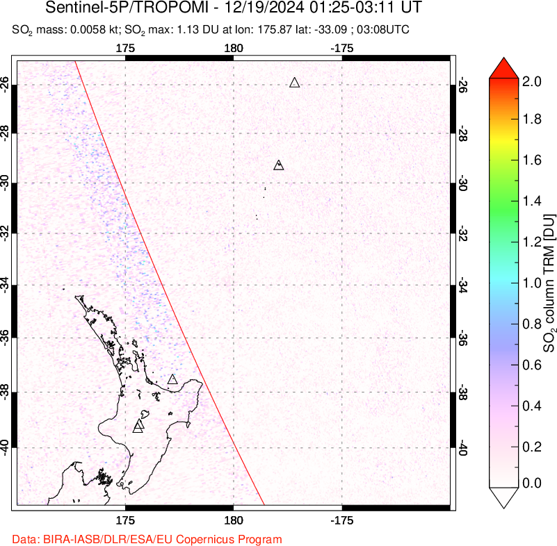 A sulfur dioxide image over New Zealand on Dec 19, 2024.