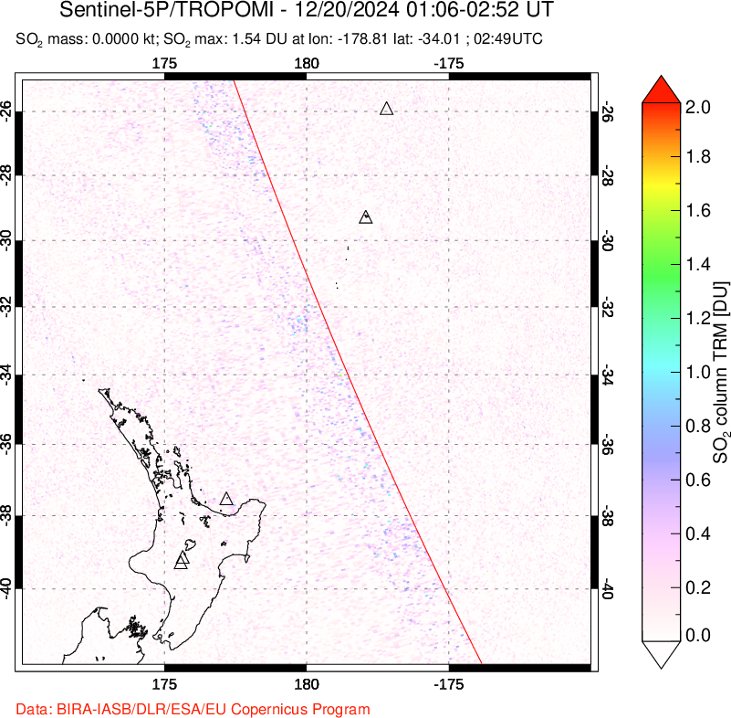 A sulfur dioxide image over New Zealand on Dec 20, 2024.