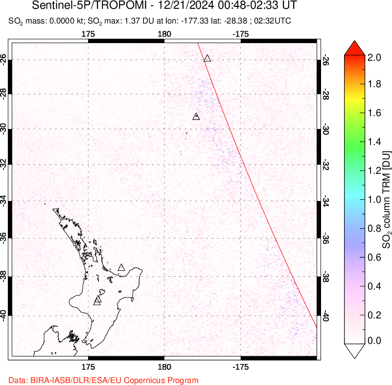 A sulfur dioxide image over New Zealand on Dec 21, 2024.