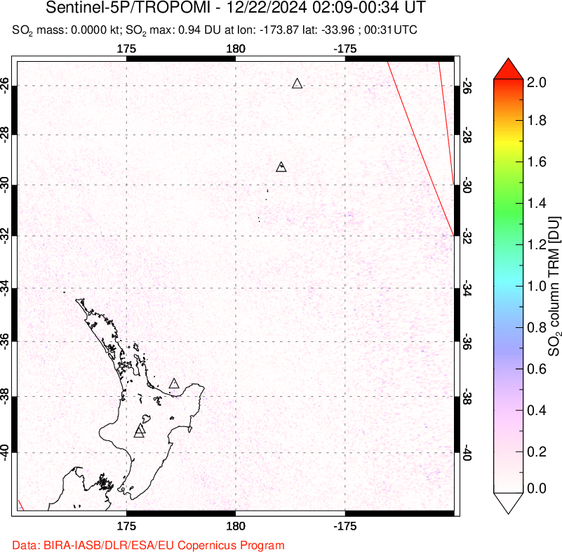 A sulfur dioxide image over New Zealand on Dec 22, 2024.