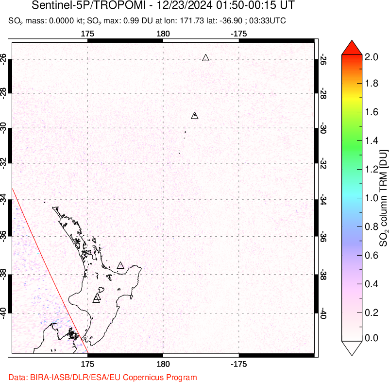 A sulfur dioxide image over New Zealand on Dec 23, 2024.