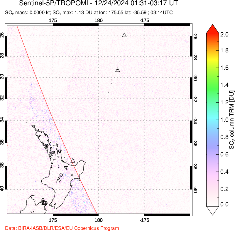 A sulfur dioxide image over New Zealand on Dec 24, 2024.