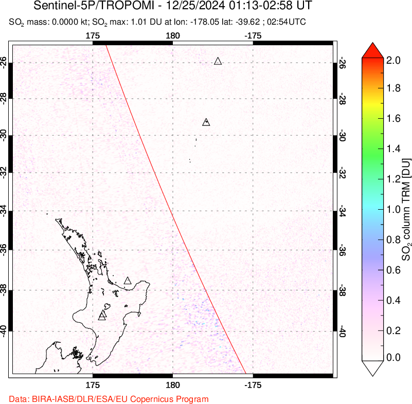 A sulfur dioxide image over New Zealand on Dec 25, 2024.