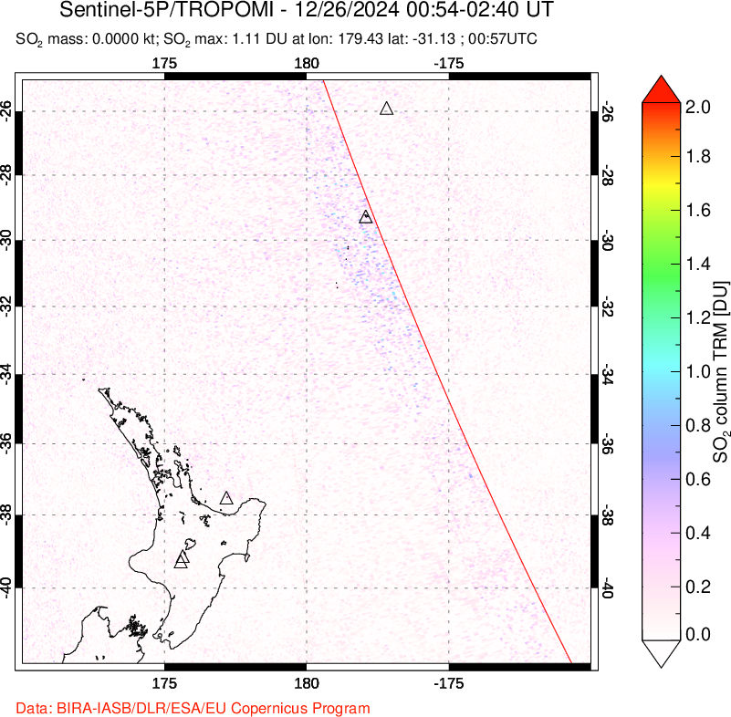 A sulfur dioxide image over New Zealand on Dec 26, 2024.