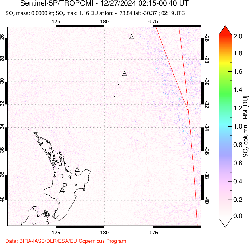 A sulfur dioxide image over New Zealand on Dec 27, 2024.