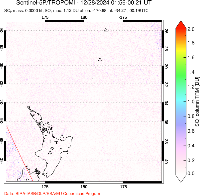 A sulfur dioxide image over New Zealand on Dec 28, 2024.