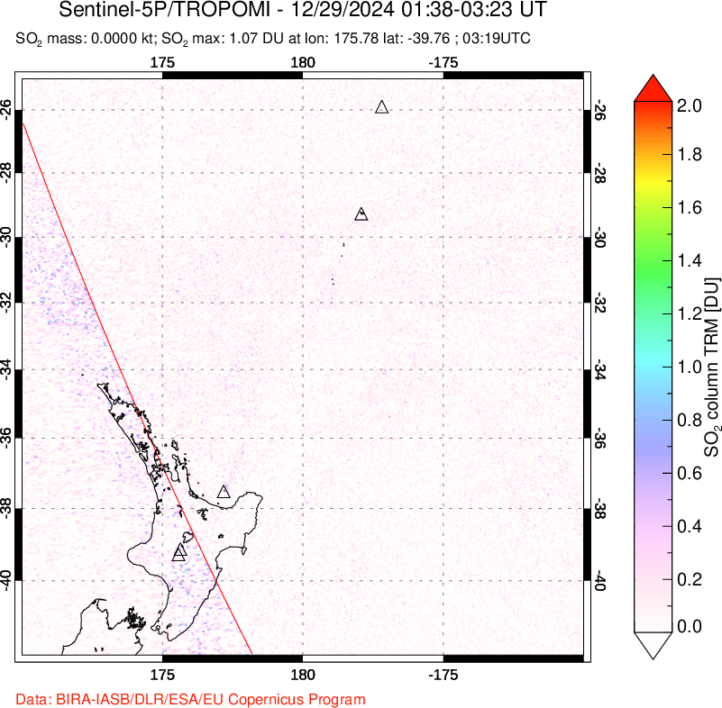 A sulfur dioxide image over New Zealand on Dec 29, 2024.