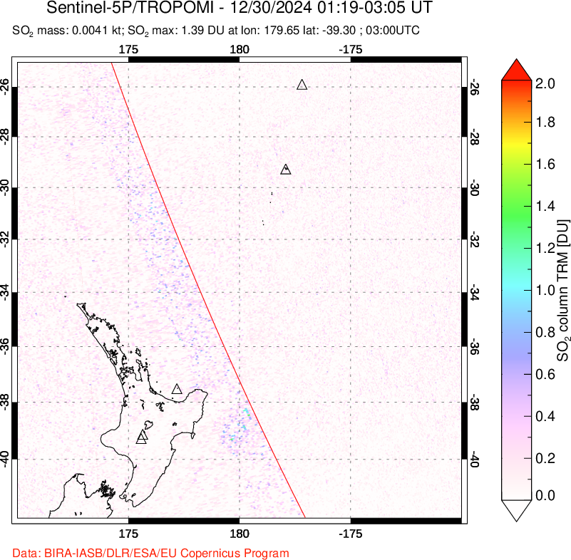 A sulfur dioxide image over New Zealand on Dec 30, 2024.