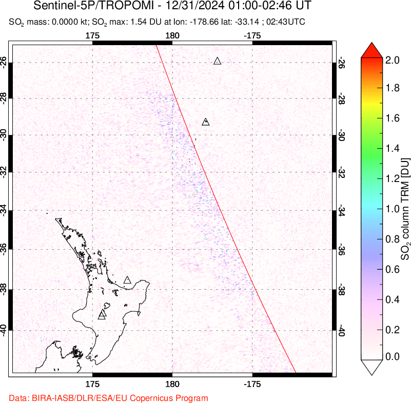 A sulfur dioxide image over New Zealand on Dec 31, 2024.