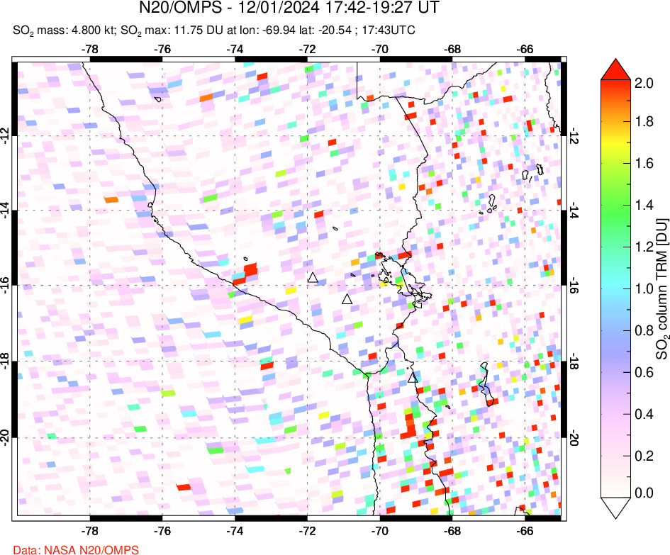 A sulfur dioxide image over Peru on Dec 01, 2024.