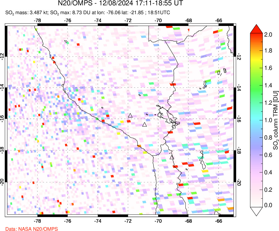 A sulfur dioxide image over Peru on Dec 08, 2024.