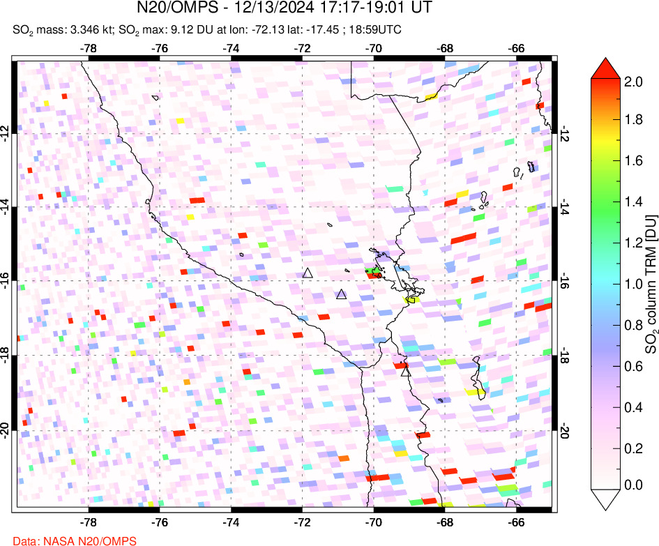 A sulfur dioxide image over Peru on Dec 13, 2024.