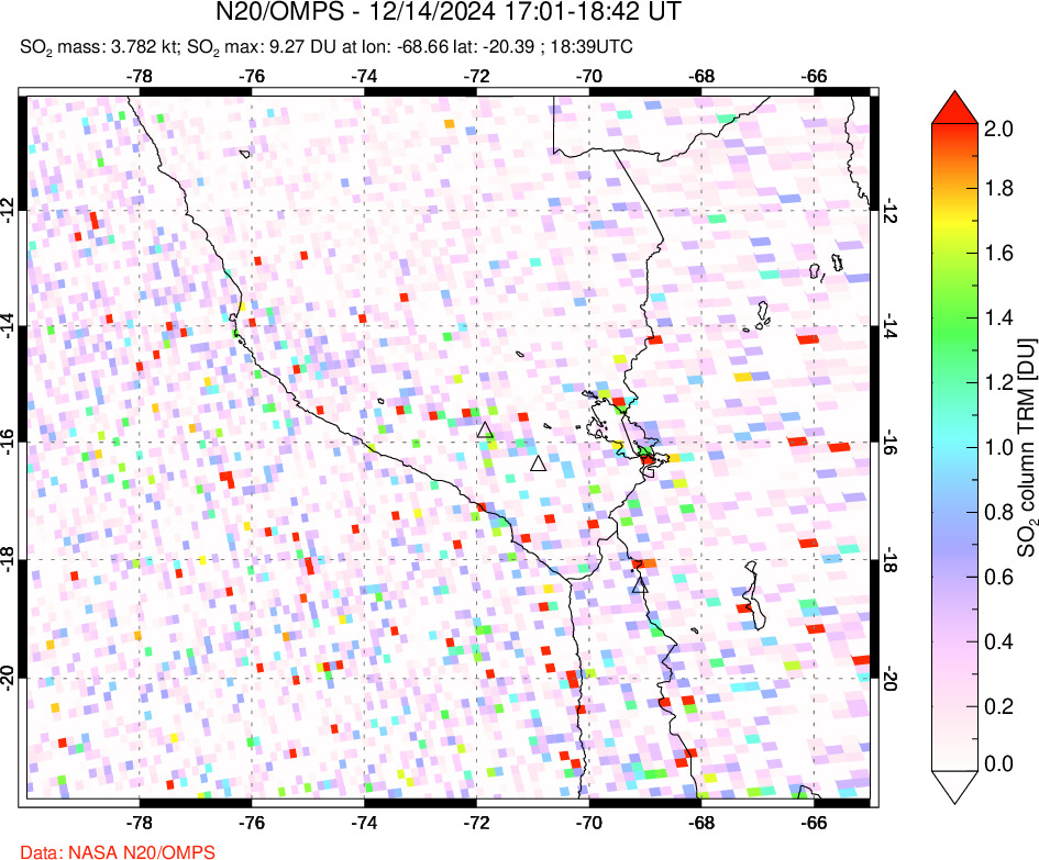 A sulfur dioxide image over Peru on Dec 14, 2024.