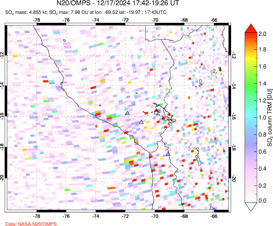 A sulfur dioxide image over Peru on Dec 17, 2024.