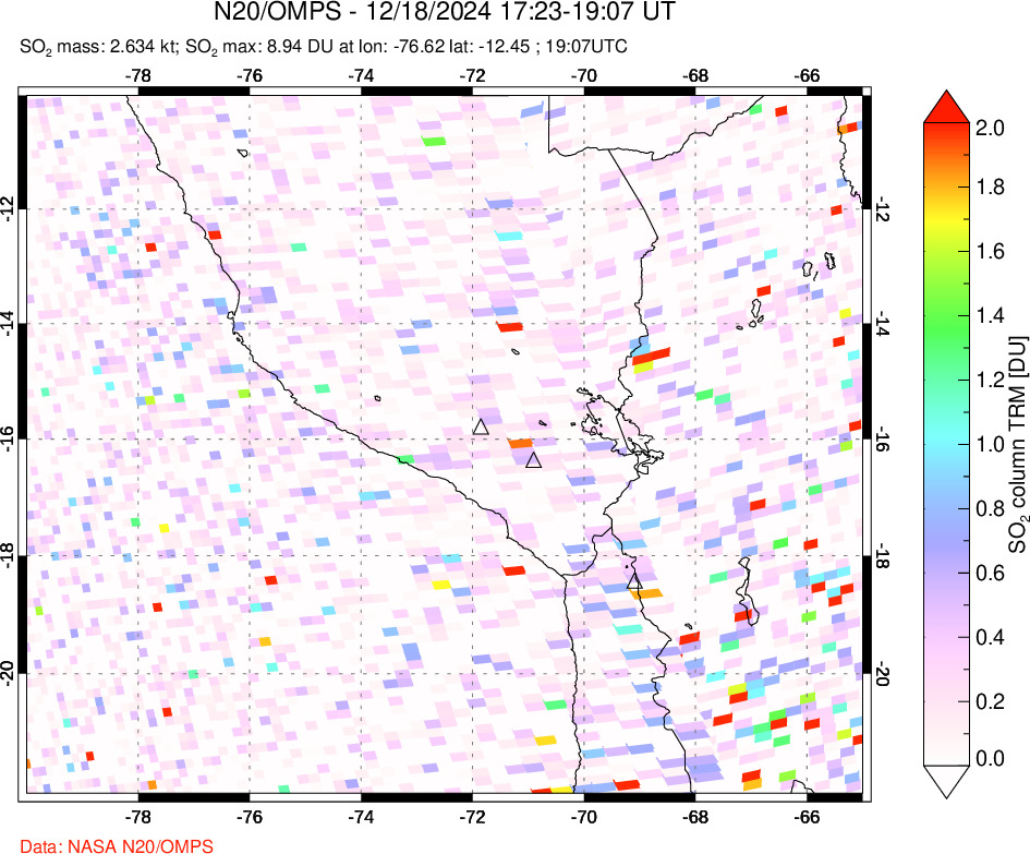 A sulfur dioxide image over Peru on Dec 18, 2024.