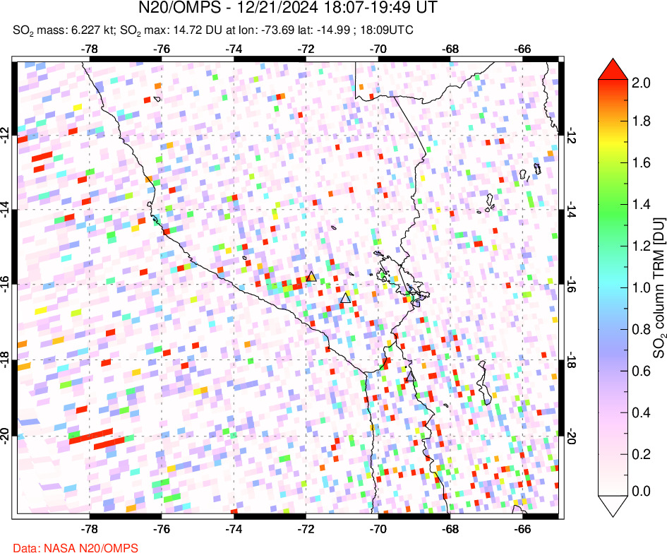 A sulfur dioxide image over Peru on Dec 21, 2024.