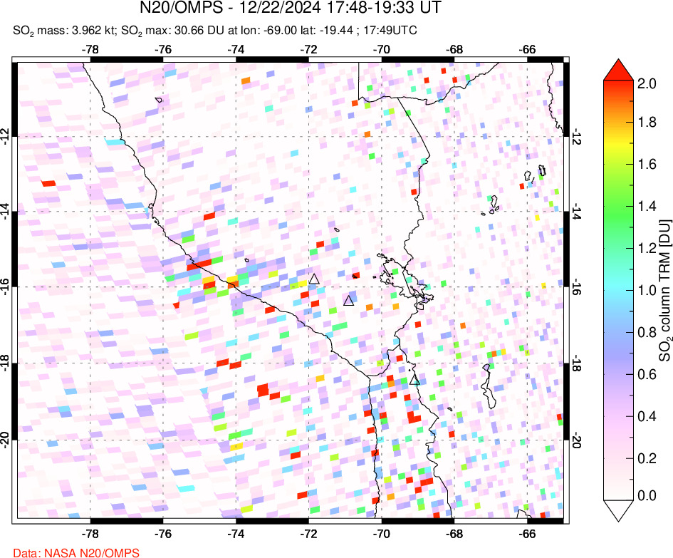 A sulfur dioxide image over Peru on Dec 22, 2024.