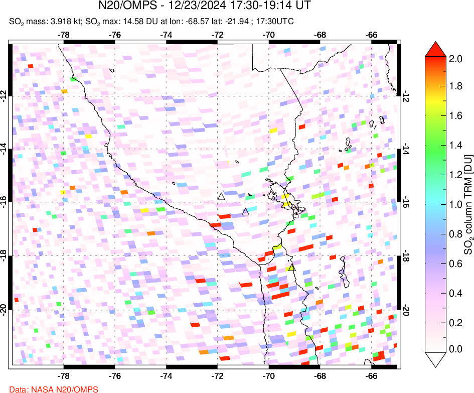 A sulfur dioxide image over Peru on Dec 23, 2024.