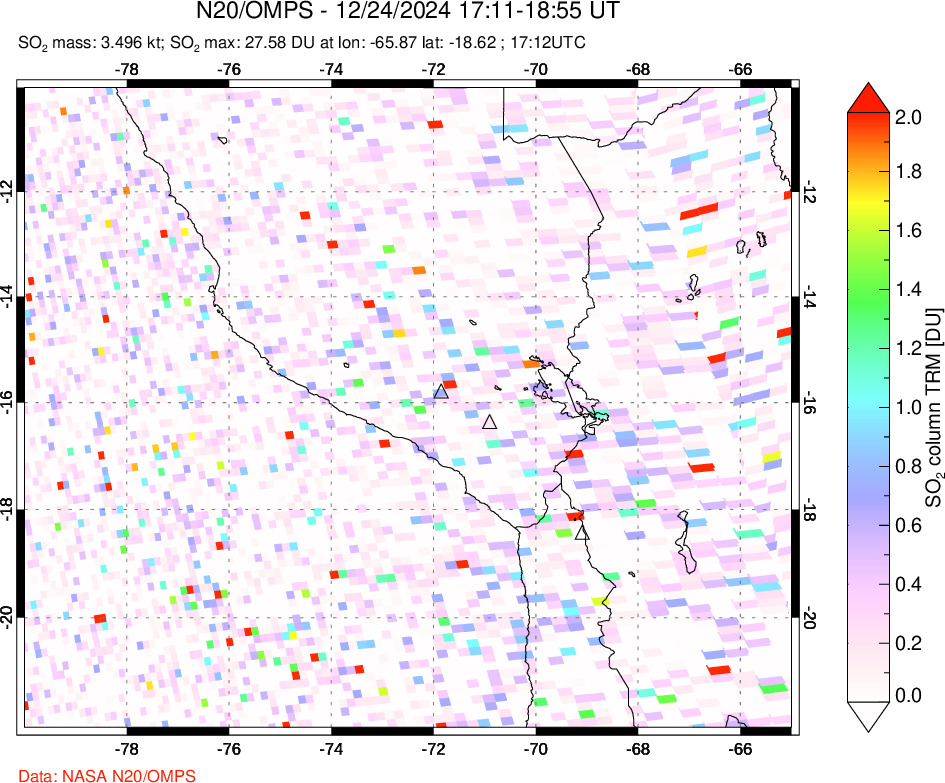 A sulfur dioxide image over Peru on Dec 24, 2024.