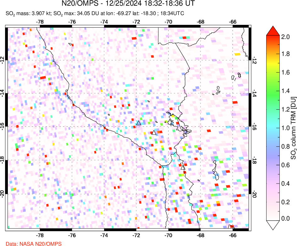 A sulfur dioxide image over Peru on Dec 25, 2024.