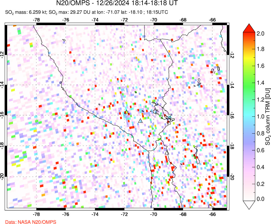 A sulfur dioxide image over Peru on Dec 26, 2024.