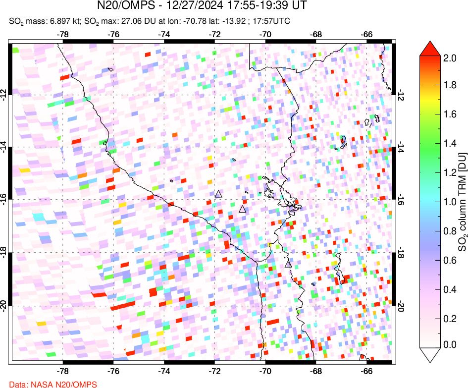 A sulfur dioxide image over Peru on Dec 27, 2024.