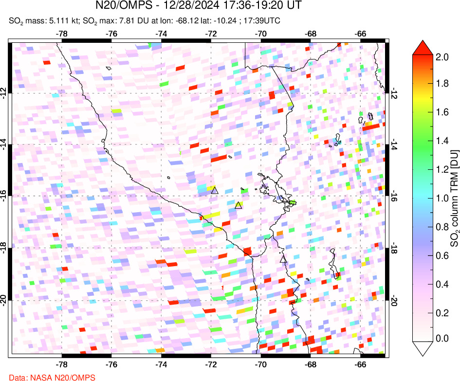 A sulfur dioxide image over Peru on Dec 28, 2024.