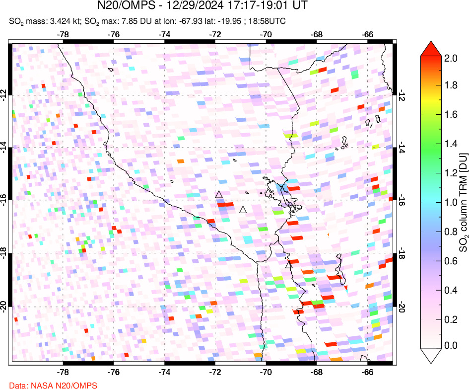 A sulfur dioxide image over Peru on Dec 29, 2024.