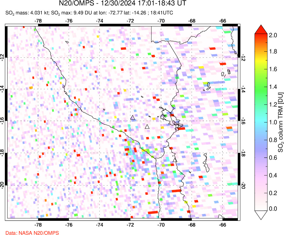 A sulfur dioxide image over Peru on Dec 30, 2024.