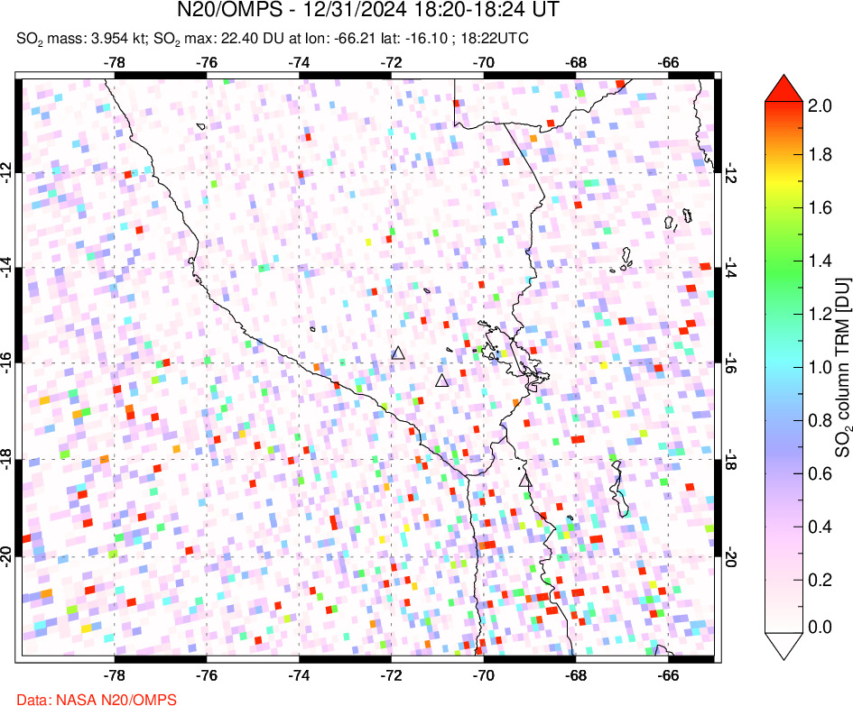 A sulfur dioxide image over Peru on Dec 31, 2024.