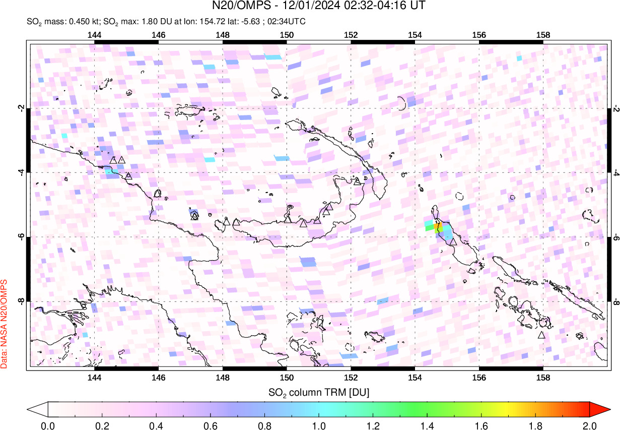 A sulfur dioxide image over Papua, New Guinea on Dec 01, 2024.