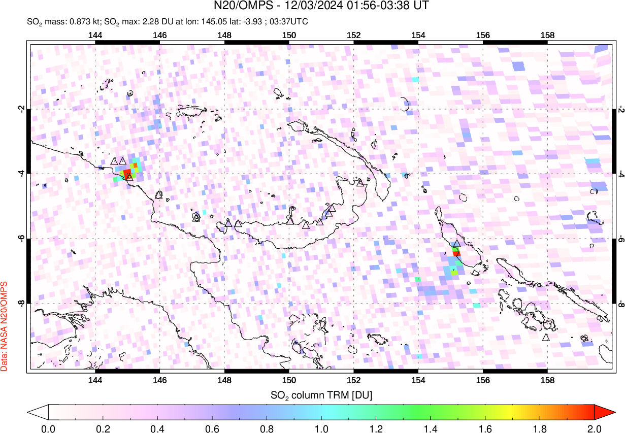 A sulfur dioxide image over Papua, New Guinea on Dec 03, 2024.