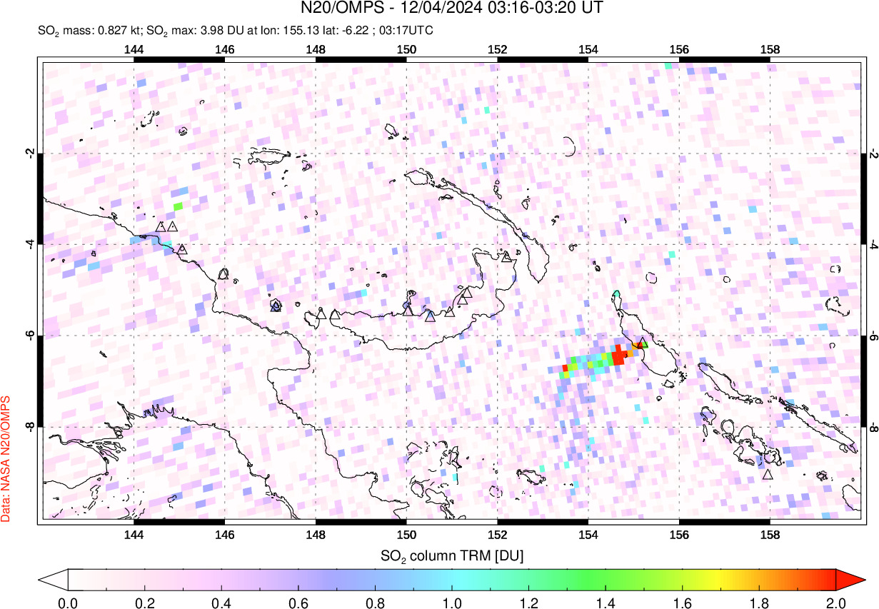 A sulfur dioxide image over Papua, New Guinea on Dec 04, 2024.