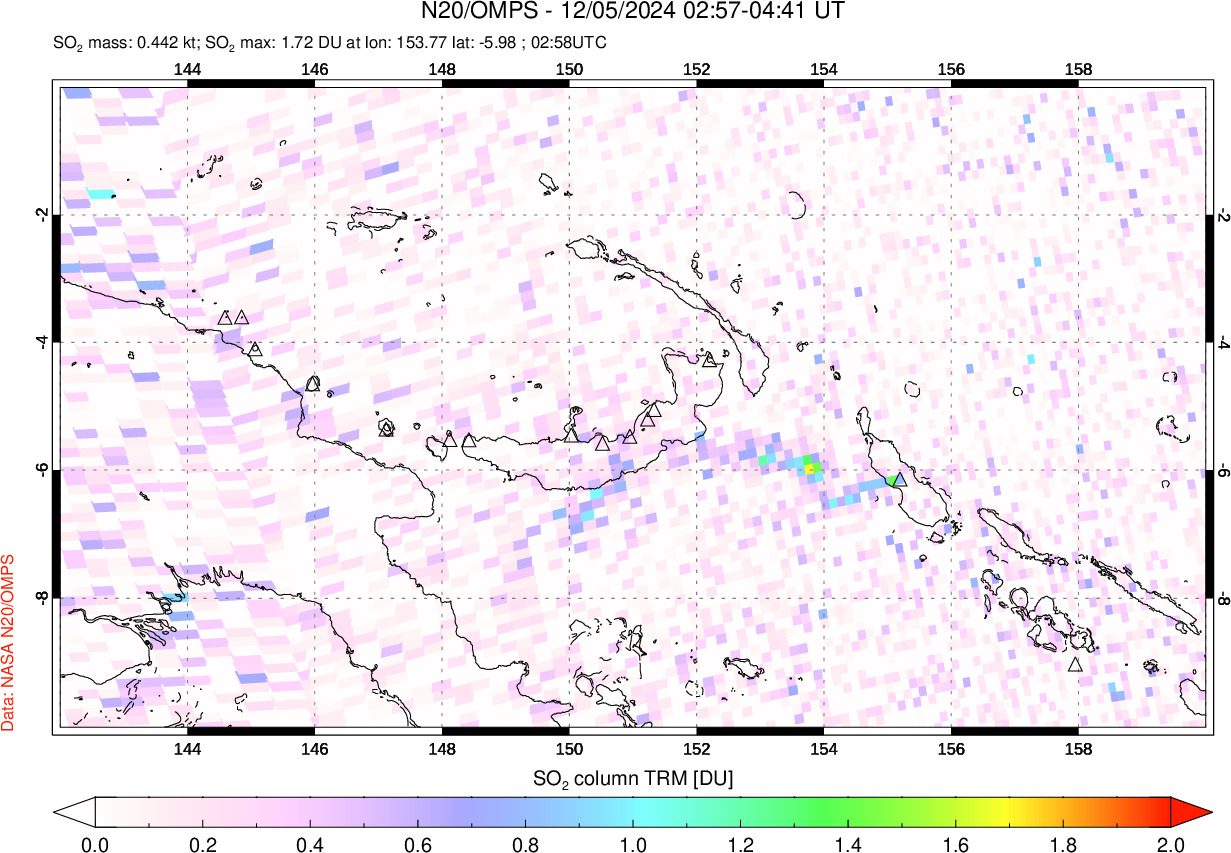 A sulfur dioxide image over Papua, New Guinea on Dec 05, 2024.