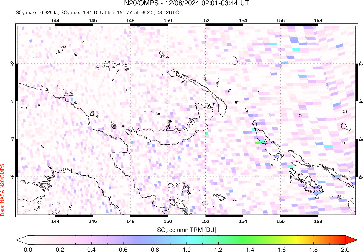 A sulfur dioxide image over Papua, New Guinea on Dec 08, 2024.