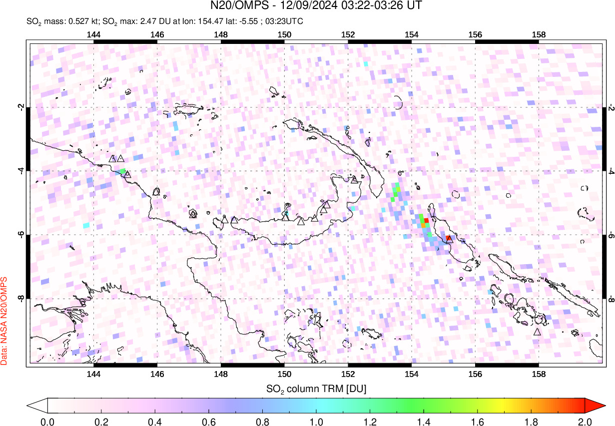 A sulfur dioxide image over Papua, New Guinea on Dec 09, 2024.