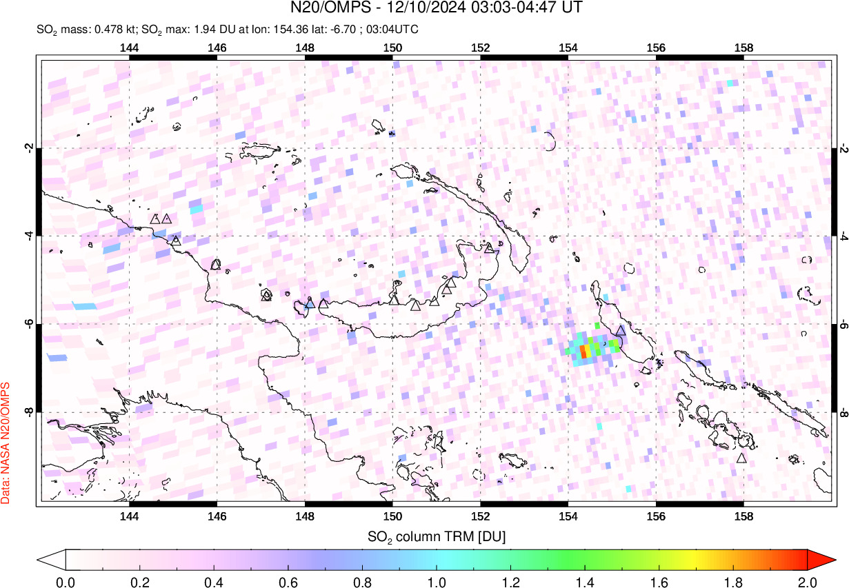 A sulfur dioxide image over Papua, New Guinea on Dec 10, 2024.