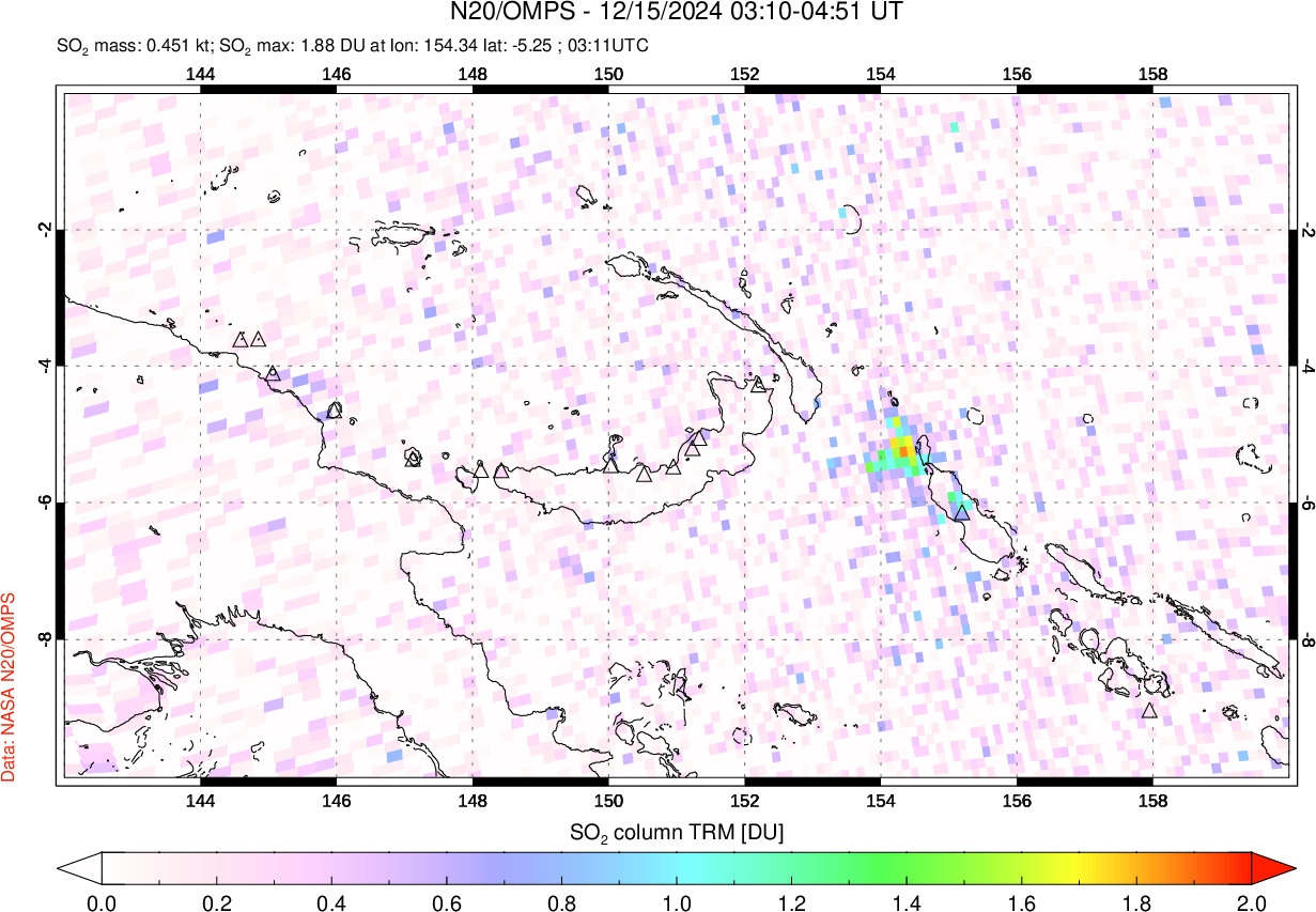 A sulfur dioxide image over Papua, New Guinea on Dec 15, 2024.