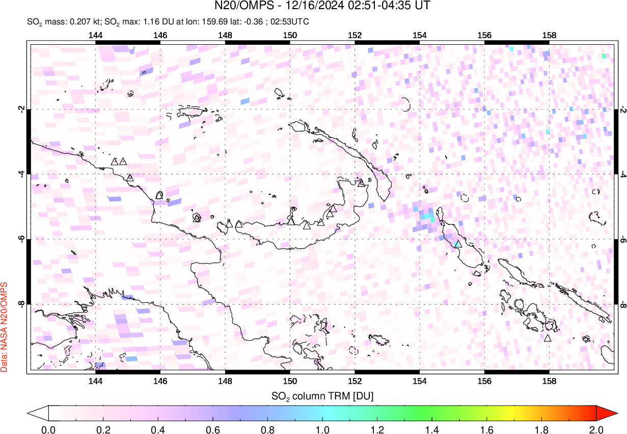 A sulfur dioxide image over Papua, New Guinea on Dec 16, 2024.