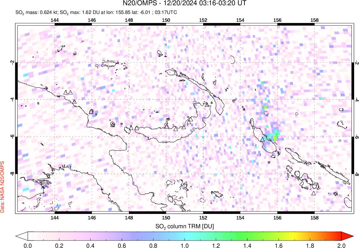 A sulfur dioxide image over Papua, New Guinea on Dec 20, 2024.