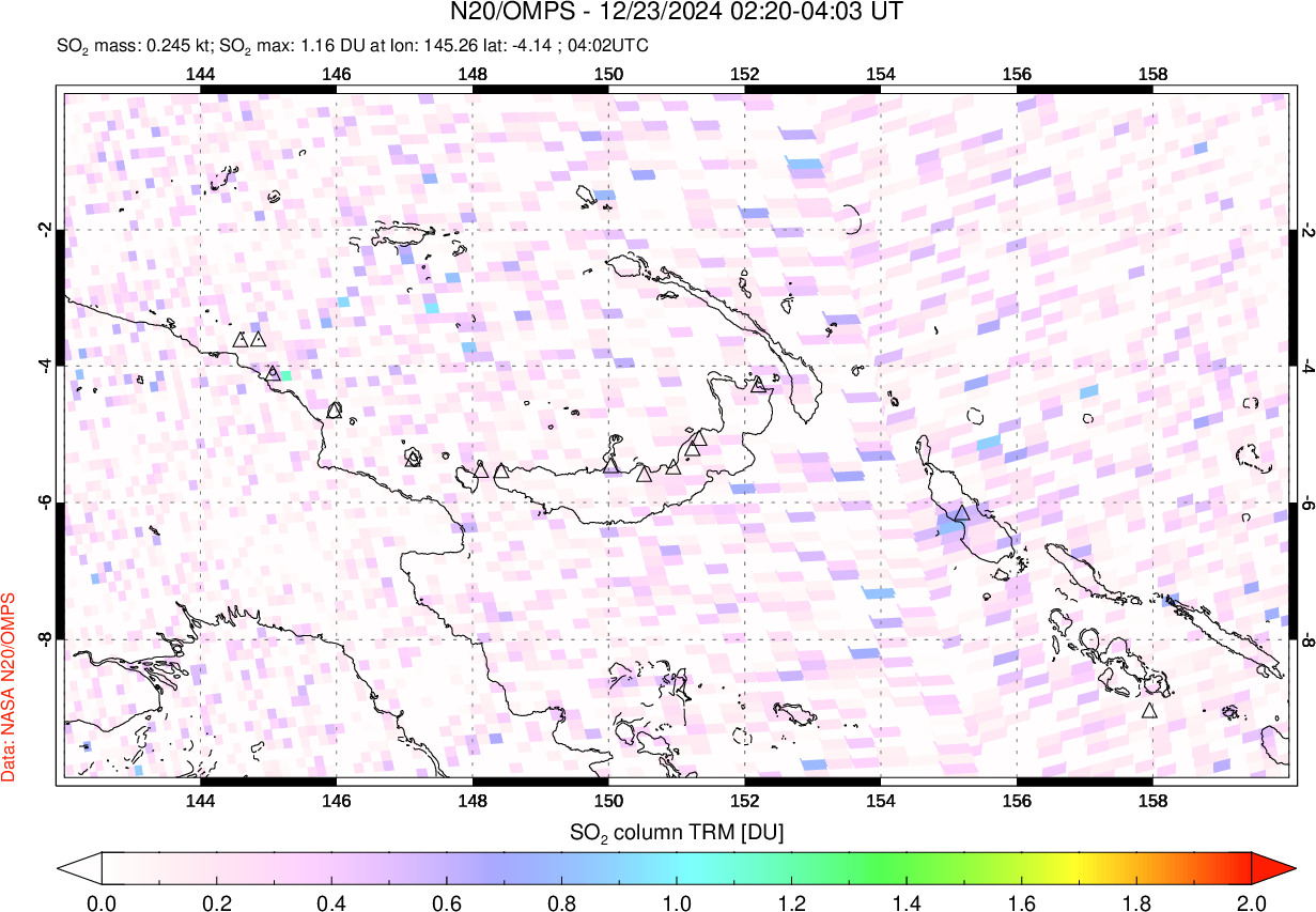 A sulfur dioxide image over Papua, New Guinea on Dec 23, 2024.