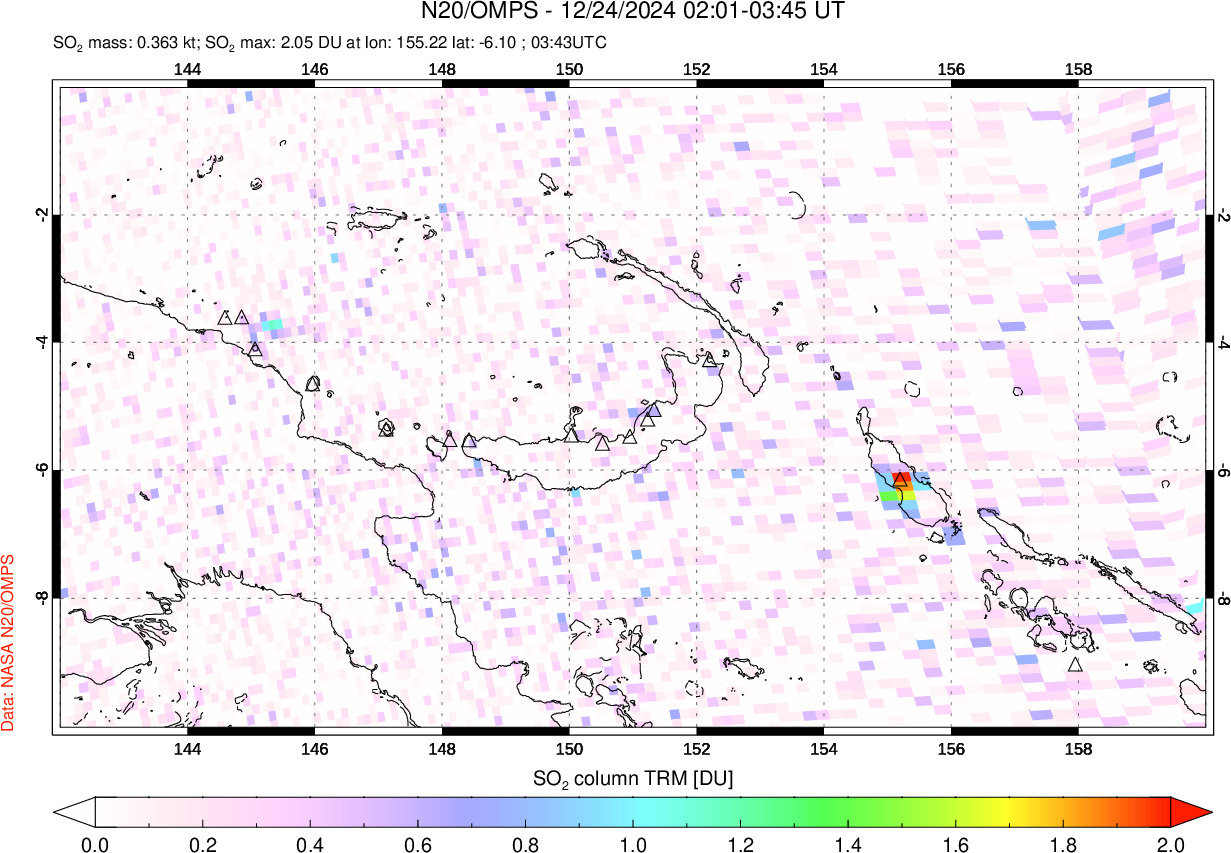 A sulfur dioxide image over Papua, New Guinea on Dec 24, 2024.