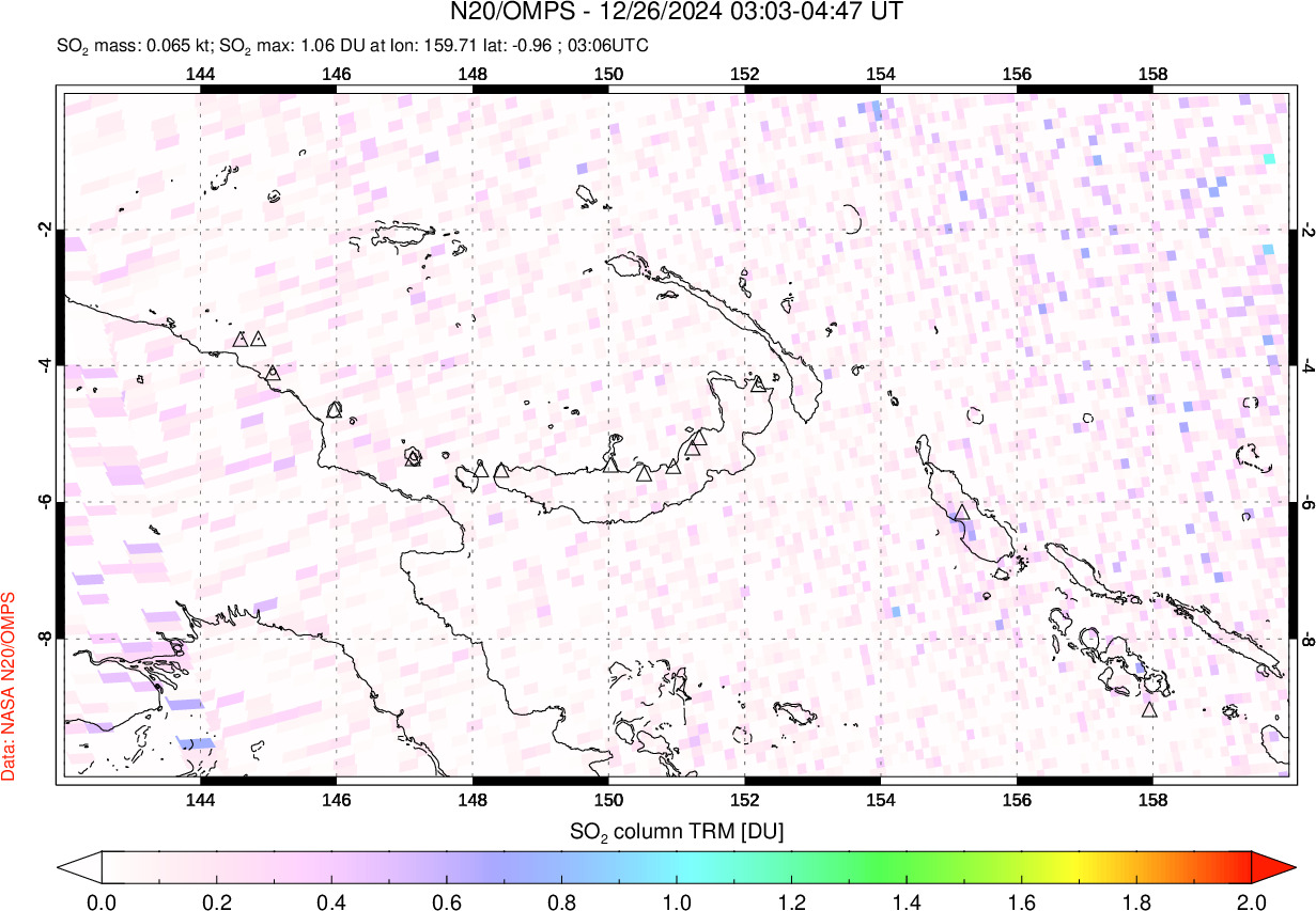 A sulfur dioxide image over Papua, New Guinea on Dec 26, 2024.