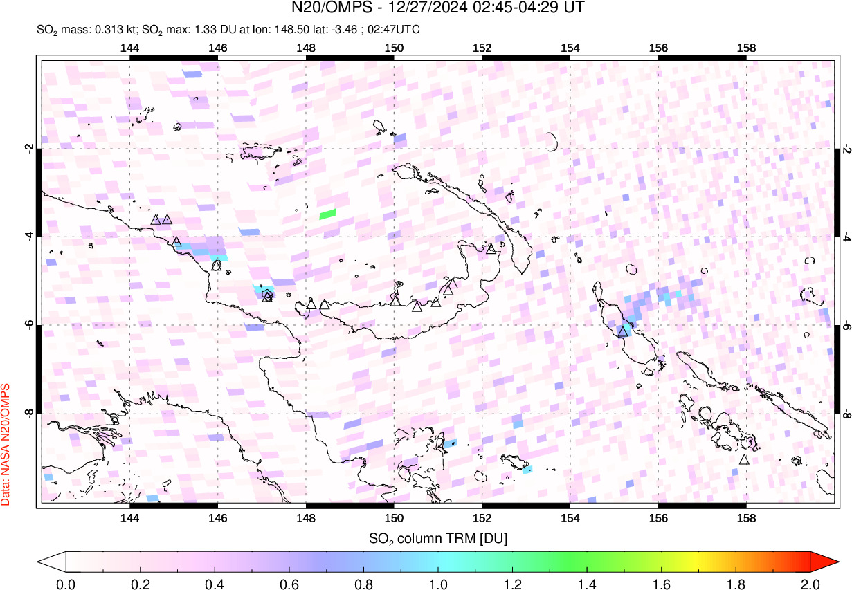 A sulfur dioxide image over Papua, New Guinea on Dec 27, 2024.