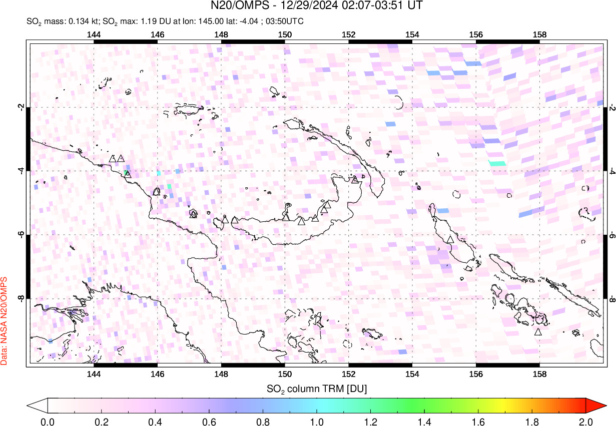 A sulfur dioxide image over Papua, New Guinea on Dec 29, 2024.