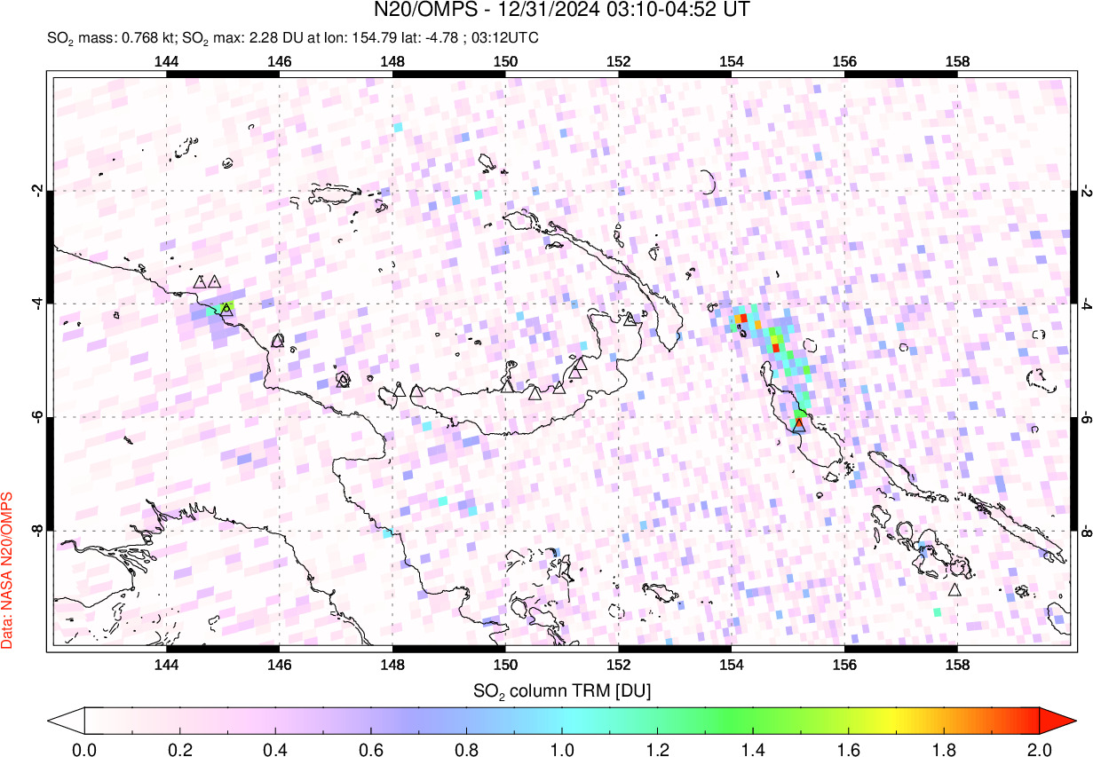 A sulfur dioxide image over Papua, New Guinea on Dec 31, 2024.