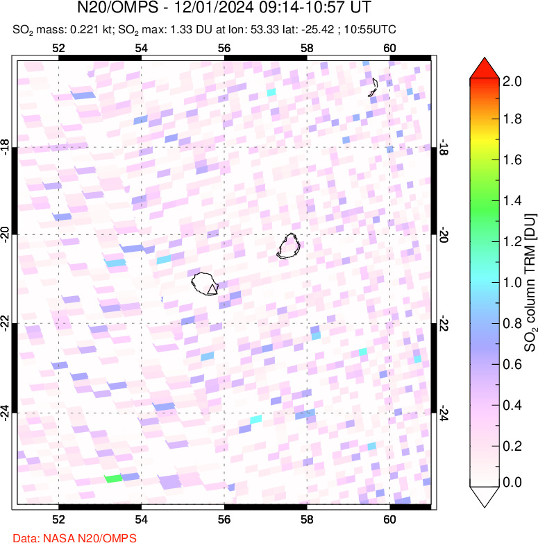 A sulfur dioxide image over Reunion Island, Indian Ocean on Dec 01, 2024.