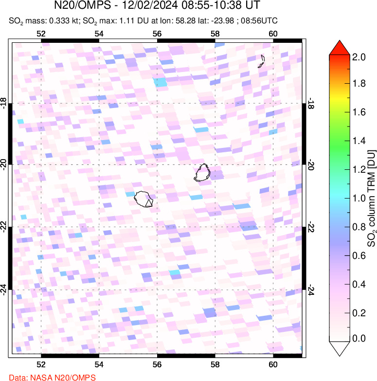 A sulfur dioxide image over Reunion Island, Indian Ocean on Dec 02, 2024.